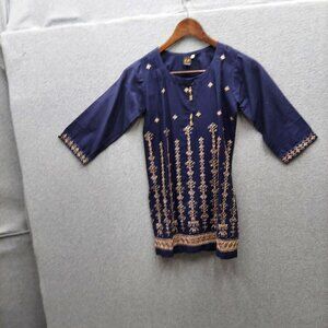 Navy Blue Embroidered 3/4 Sleeve Tunic Top Made In Pakistan